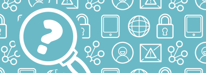 An illustration of that has a light blue background. On top of it is a picture of a magnifying glass with a question mark under it. Behind that are drawn tablets and internet globes.