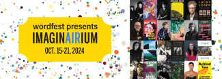 The banner for "Wordfest presents Imaginairium" (October 15-21, 2024) features a yellow ticket-shaped design with colorful confetti in the background, showcasing event details and a grid of author photos and book covers.