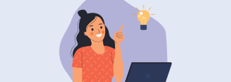 A graphic of a woman using a laptop who has an idea represented by a lightbulb.