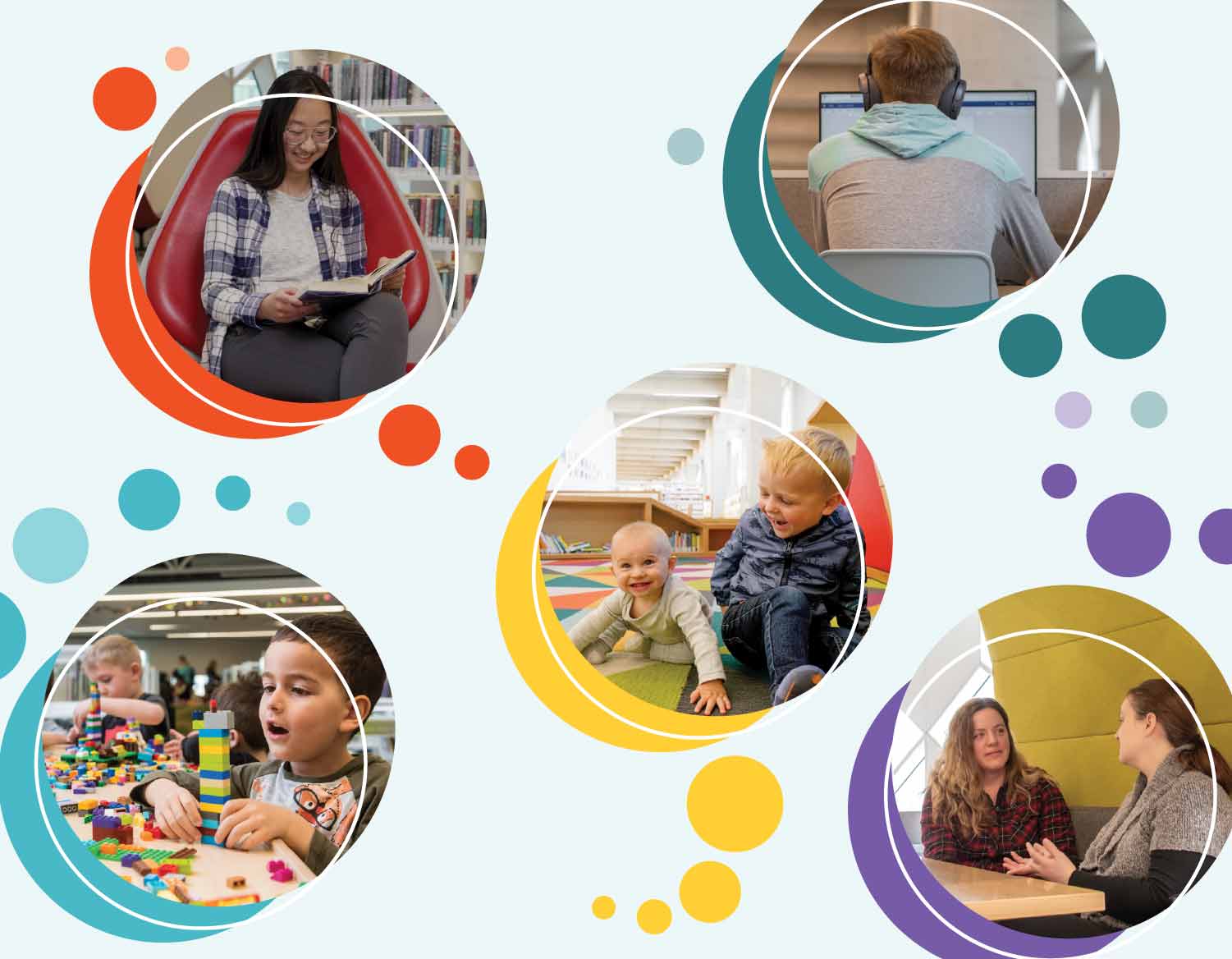 background image: Five bubbles and each have a different picture of activities you can do at the Library such as kids playing with lego blocks, a teenager reading a book and two adults having a conversation at a table. 