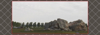 A photograph of a field with trees and a large group of rocks.