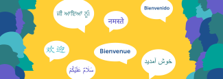 Silhouettes of heads in various colours to the right and left of the image and speech bubbles saying hello in multiple languages.