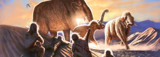 a graphic of scene from the ice age with mammoths and people.