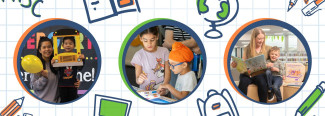 A back-to-school themed graphic featuring three circular images of children and teachers engaging in activities. 