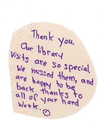 A hand written note thanking the Calgary Public Library.