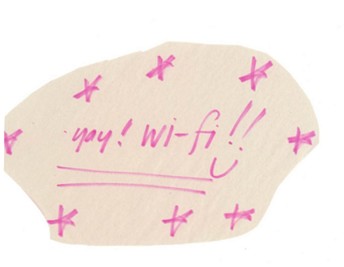 A hand written note celebrating wi-fi.